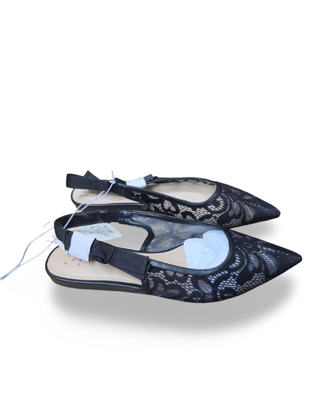 A New Day Womens Black Lace Slingback Pointed Toe Bow Flats Shoes Size 6